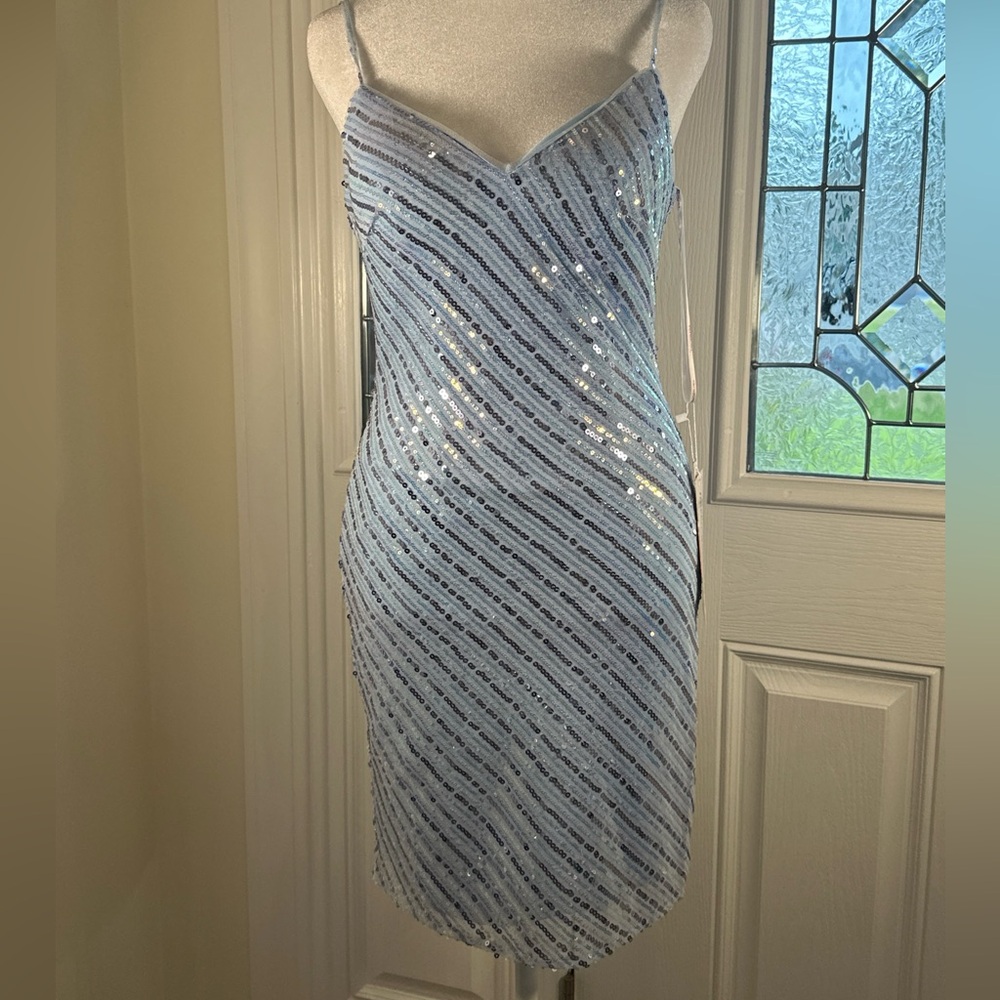 PromGirl Sequin-Striped Short Prom Dress PG-22-HCF139 Light Blue 6